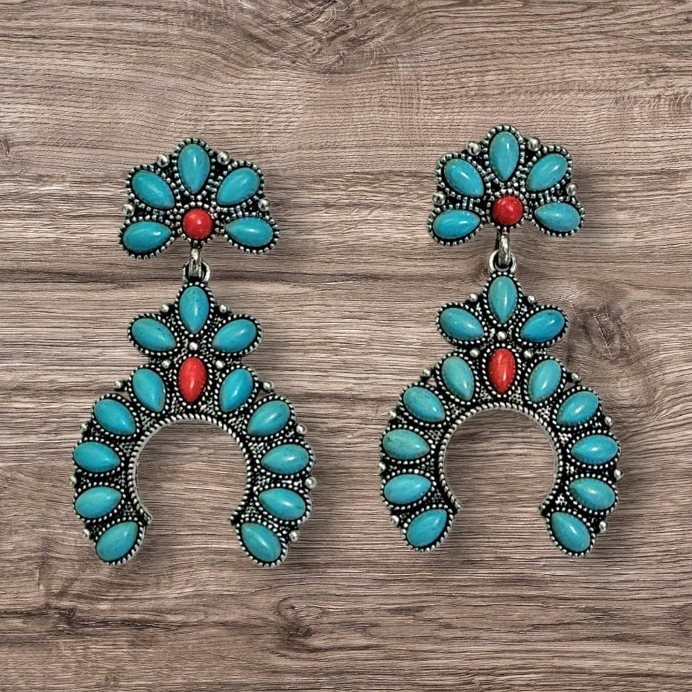 Western Turquoise And Red Squash Blossom Earrings New